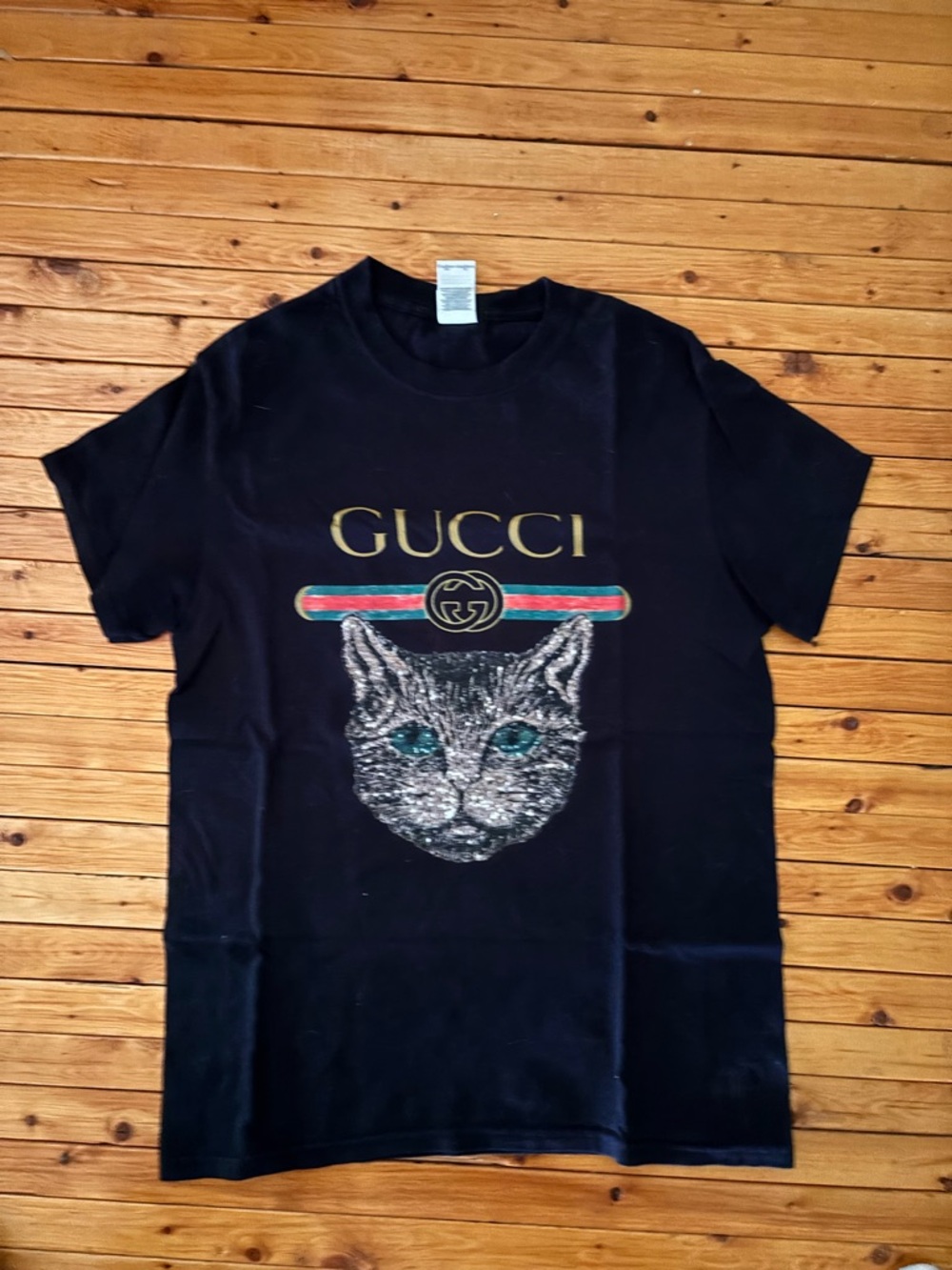 Gildan Black Tee with Gold GUCCI Logo and Multicolor Stripe